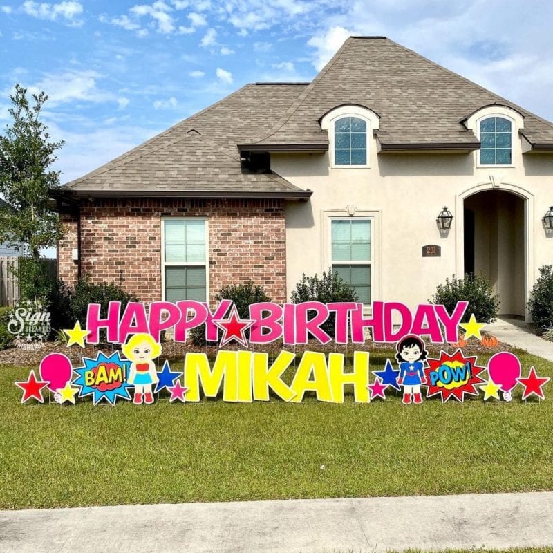 HAPPY BIRTHDAY MIKAH - PINK YELLOW - SUPERHEROES BALLOONS STARS