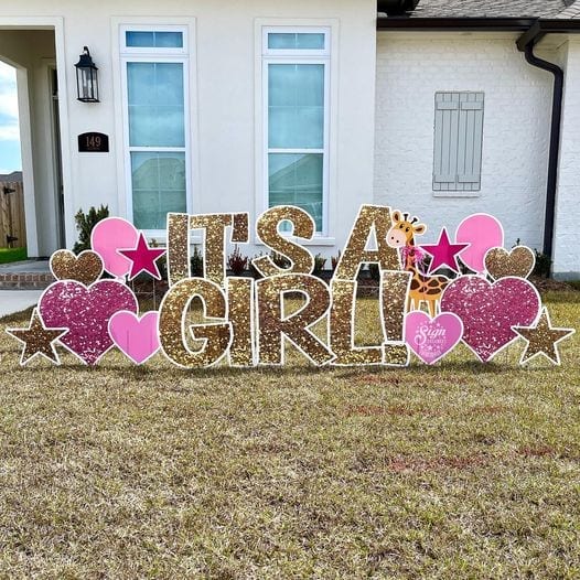 ITS A GIRL - GOLD GLITTER - PINK HEARTS GOLD HEARTS GIRAFFE