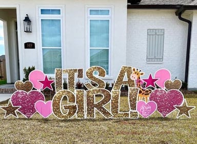 ITS A GIRL - GOLD GLITTER - PINK HEARTS GOLD HEARTS GIRAFFE